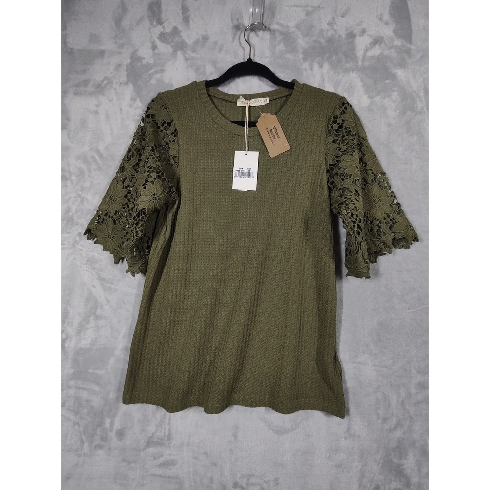 Grace + Emma Womens Olive Green Waffle Knit Top Floral Crochet Lace Sleeve XS